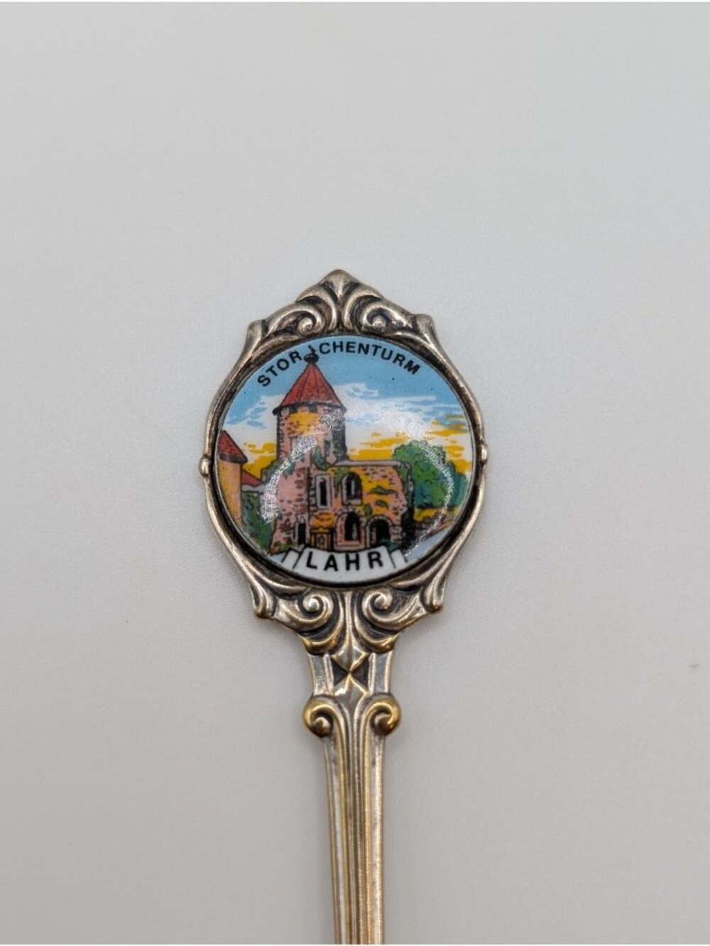Vintage German Silver-plated Spoon Enamel Medallion of Stork Tower Lahr, Germany
